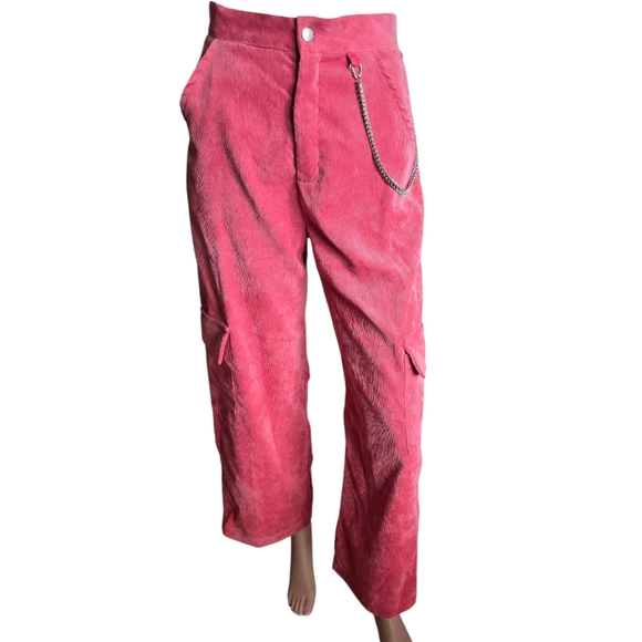 Women's Pink Corduroy High-Rise Flared Leg Silver Chain Detail Cargo Pants - Picture 13 of 16